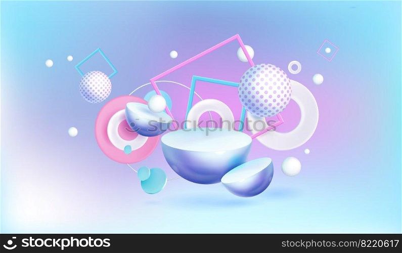 Abstract background with 3d geometric shapes on blue and pink backdrop, spheres with polka dots, hemispheres and white rings or circles with square frames, Realistic vector banner for ads promotion. Abstract background with 3d geometric shapes.