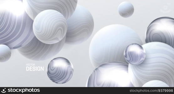 Abstract background with 3d marbled spheres. White and silver bubbles. Vector illustration of balls textured with wavy striped texture. Modern cover concept. Decoration element for banner design. Abstract background with 3d dynamic spheres