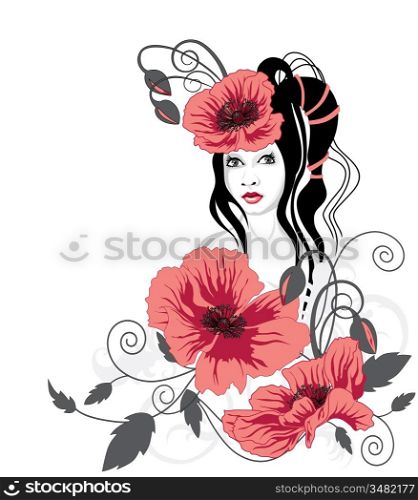 abstract background with a girl and red flowers