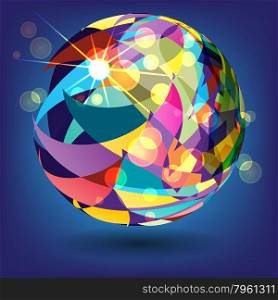 abstract background with a sphere of colorful triangles in the rays of light