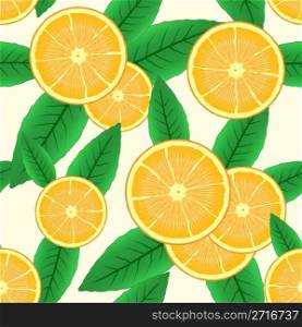 Abstract background with citrus-fruit of orange slices and green leaf. Seamless pattern. Vector illustration.