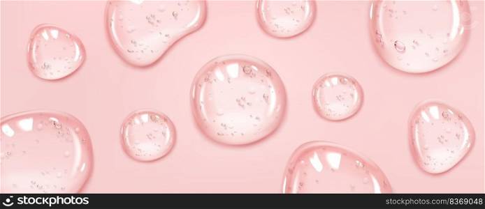 Abstract background with clear serum or gel drops with air bubbles. Closeup of pure skincare cosmetic product, transparent lotion droplets, vector realistic illustration. Abstract background with clear serum or gel drops