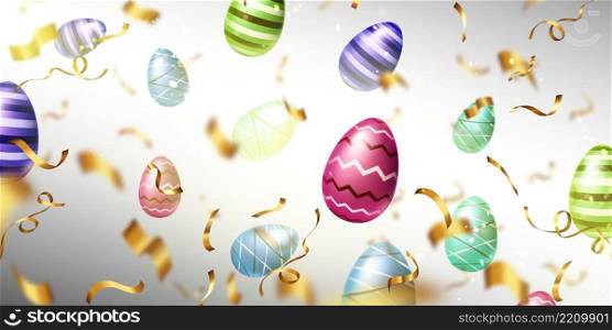 Abstract background with colorful Easter eggs and gold confetti flying on blurred white backdrop. Happy holiday template for advertising, banner or greeting card, Realistic 3d vector illustration. Abstract background with colorful Easter eggs