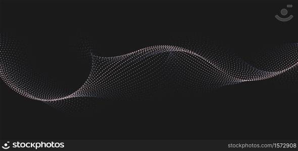 Abstract background with dynamic waves, line and flowing particles on black background. Digital future technology concept. Vector illustration.