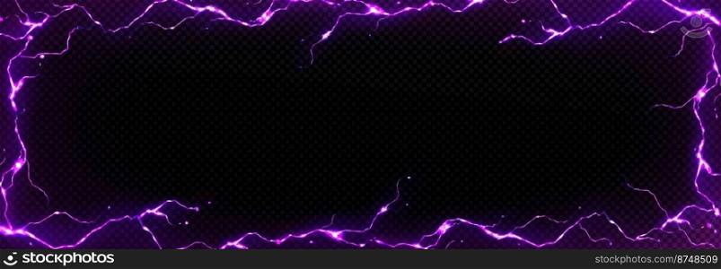 Abstract background with frame of purple lightnings. Poster template with border of electric thunderbolt strikes isolated on dark transparent background, vector realistic illustration. Abstract background with frame of lightnings