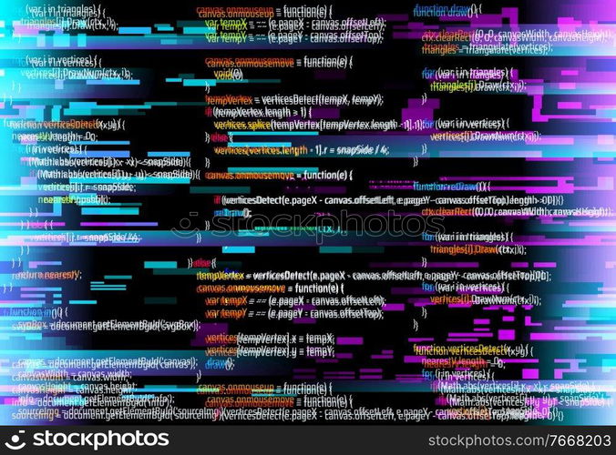 Abstract background with glitched program code parts. Vector backdrop with programming language and random glowing pixels. Black monitor screen with distortion and glitch effect, computer error or bug. Abstract background with glitched program code