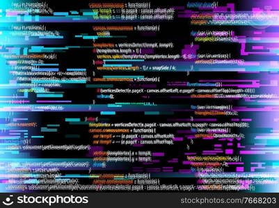 Abstract background with glitched program code parts. Vector backdrop with programming language and random glowing pixels. Black monitor screen with distortion and glitch effect, computer error or bug. Abstract background with glitched program code