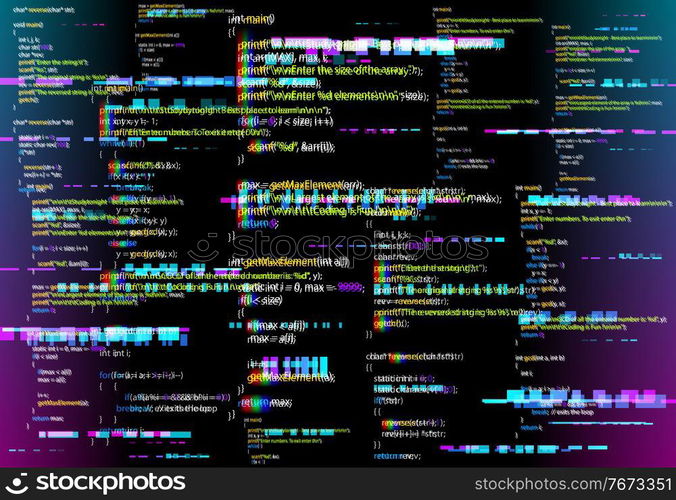 Abstract background with glitched program code parts. Vector backdrop with programming language and random glowing pixels. Black monitor screen with distortion and glitch effect, computer error or bug. Abstract background with glitched program code