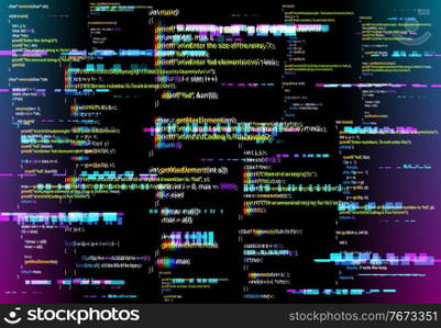 Abstract background with glitched program code parts. Vector backdrop with programming language and random glowing pixels. Black monitor screen with distortion and glitch effect, computer error or bug. Abstract background with glitched program code