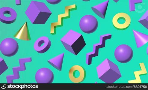 Abstract background with golden and purple 3D shapes flying over aqua menthe green backdrop. Ball, cube, zigzag, cone and donut figures illustration
