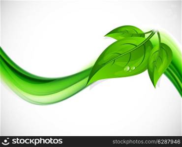 Abstract background with green wave and leaves