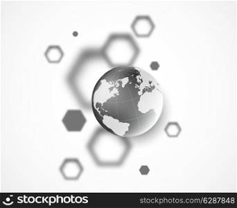 Abstract background with hexagons and globe in gray colors
