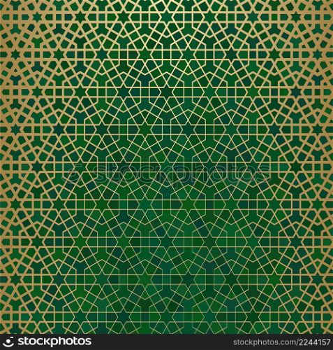 Abstract background with islamic ornament, arabic geometric texture. Golden lined tiled motif over colored background with stained glass style.