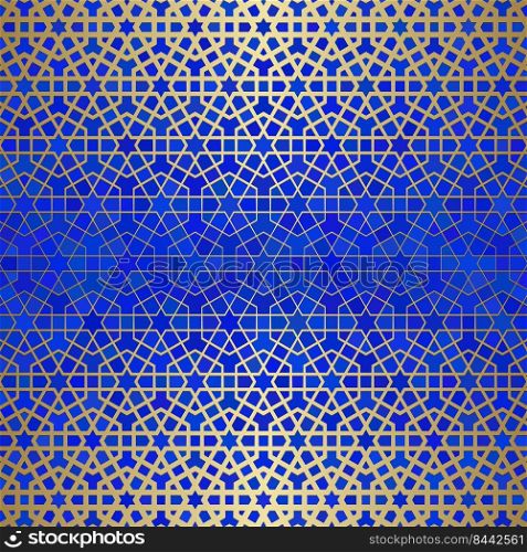 Abstract background with islamic ornament, arabic geometric texture. Golden lined tiled motif over colored background with stained glass style.