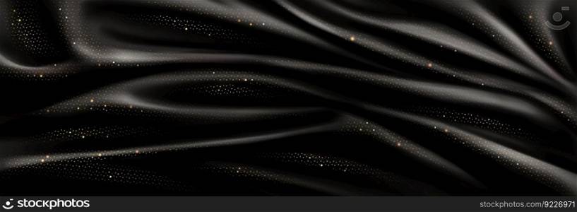 Abstract background with luxury black silk fabric with gold glitter. Texture of elegant dark cloth with gold shine, smooth satin drapery surface, vector realistic illustration. Luxury black silk fabric with gold glitter