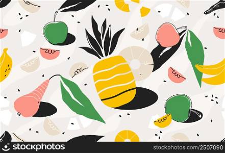Abstract background with organic shapes. Fruits and leaves pattern. Trendy seamless doodle wallpaper. Tropical banana and apples. Ripe juicy pieces. Exotic pineapple and pears. Vector illustration. Abstract background with organic shapes. Fruits and leaves pattern. Trendy seamless wallpaper. Tropical banana and apples. Ripe juicy pieces. Pineapple and pears. Vector illustration