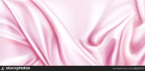 Abstract background with pink silk cloth. Texture of shiny satin fabric with waves and drapery. Vector realistic wallpaper with luxury flowing textile. Elegant background with rose smooth material. Abstract background with pink silk cloth