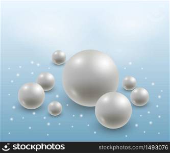Abstract background with realistic 3d pearls. Elegant luxurious design, white and blue. Vector illustration