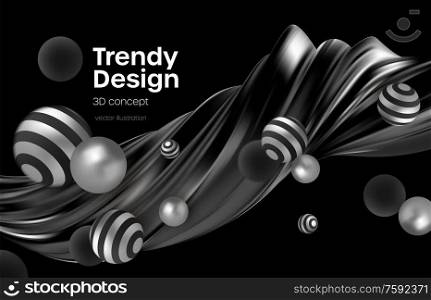 Abstract background with realistic blackand silver bubblesdynamic 3d spheres. Modern trendy banner or poster design. Vector illustration EPS10. Abstract background with realistic blackand silver bubblesdynamic 3d spheres. Modern trendy banner or poster design. Vector illustration