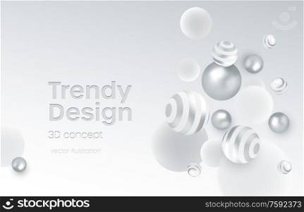 Abstract background with realistic white and silver bubblesdynamic 3d spheres. Modern trendy banner or poster design. Vector illustration EPS10. Abstract background with realistic white and silver bubblesdynamic 3d spheres. Modern trendy banner or poster design. Vector illustration