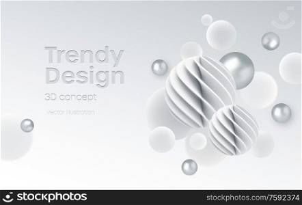 Abstract background with realistic white and silver bubblesdynamic 3d spheres. Modern trendy banner or poster design. Vector illustration EPS10. Abstract background with realistic white and silver bubblesdynamic 3d spheres. Modern trendy banner or poster design. Vector illustration