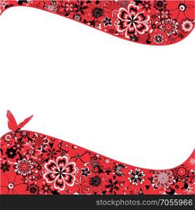 Abstract background with red flowers, a butterfly and space for text
