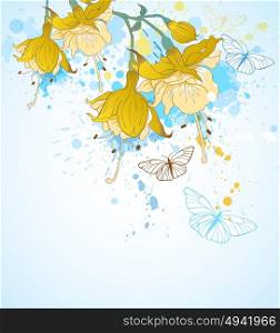 Abstract background with yellow tropical flowers and butterflies