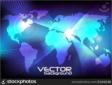 Abstract Background - World Maps and Glowing Fibers on Blue Gradient Background