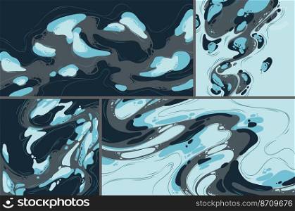 Abstract backgrounds with liquid blobs pattern, paint splashes and lines. Vector creative banners with modern flat illustration in dynamic art style with flow fluid shapes. Abstract posters with liquid blobs, flow shapes