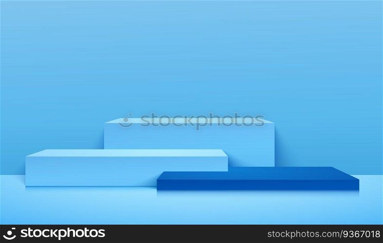 Abstract banner background for advertise product. Empty cube podium studio blue background for product display with copy space. Minimal showroom shoot 3d render. Vector EPS10