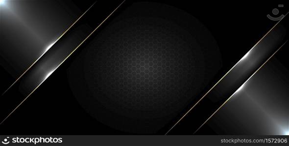 Abstract banner design template black glossy with gold line and lighting effect on dark background and texture. Luxury style. Vector illustration