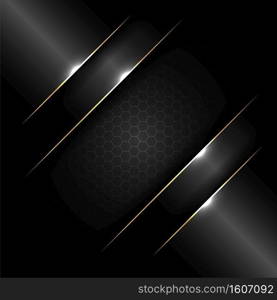 Abstract banner design template black glossy with gold line and lighting effect on dark background and texture. Luxury style. Vector illustration