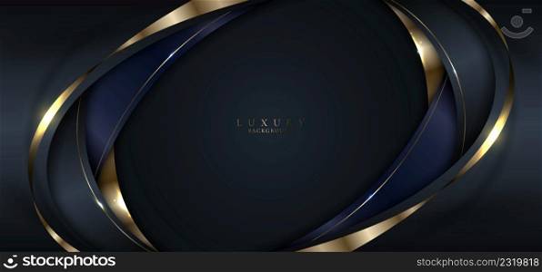 Abstract banner elegant 3D black and gold curve shape with shiny golden ribbon lines and lighting on dark background luxury style. Vector graphic illustration