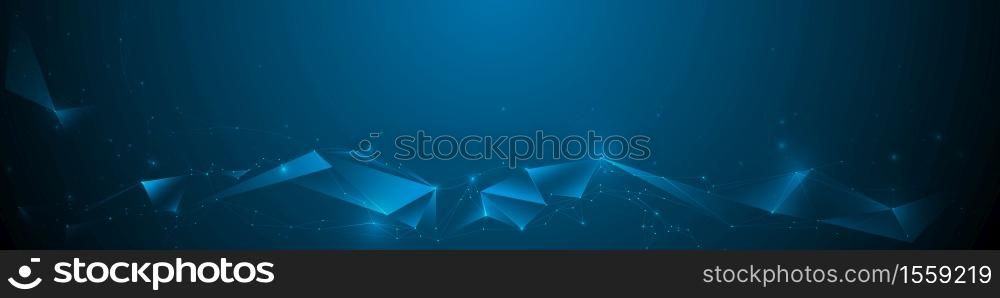 Abstract banner Molecules with Line, Geometric, Polygon,Triangle pattern. Vector design network communication technology on dark blue background. Futuristic digital, science technology concept