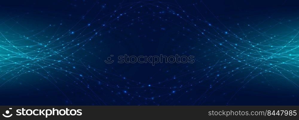 Abstract banner web header blue laser line curved with sparkle lighting on dark blue space background. Digital technology futuristic concept. Vector illustration