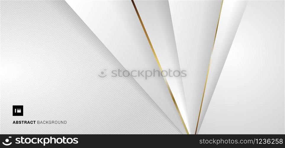 Abstract banner web template white and gray geometric triangles with metallic golden line on white background. Paper cut style. Vector illustration