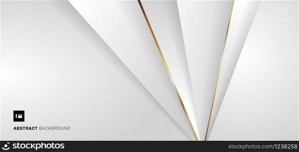 Abstract banner web template white and gray geometric triangles with metallic golden line on white background. Paper cut style. Vector illustration