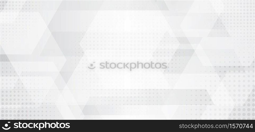 Abstract banner web white and gray geometric hexagon overlapping technology corporate design background with halftone effect. Vector illustration