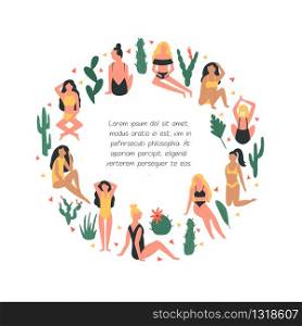 Abstract banner with pretty girls and cactus. Vector illustration with place for text for invitations, greeting cards, banners. Abstract banner with pretty girls and cactus