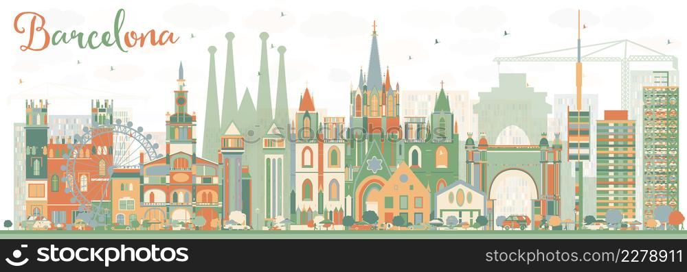Abstract Barcelona Skyline with Color Buildings. Vector Illustration. Business Travel and Tourism Concept with Historic Buildings. Image for Presentation Banner Placard and Web Site.