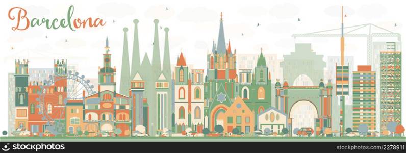 Abstract Barcelona Skyline with Color Buildings. Vector Illustration. Business Travel and Tourism Concept with Historic Buildings. Image for Presentation Banner Placard and Web Site.