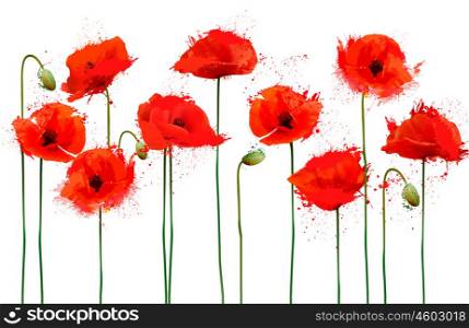 Abstract beautiful background with red poppies flowers. Vector.