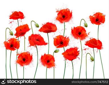 Abstract beautiful background with red romantic blooming poppies flowers. Vector.
