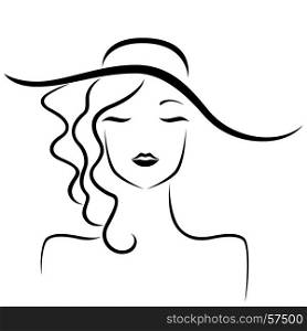 Abstract beautiful dreamy young lady with closed eyes and in big hat stylized portrait, vector black outline