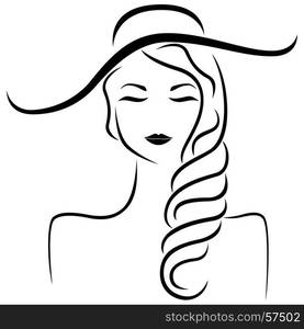 Abstract beautiful dreamy young woman in hat and with closed eyes stylized portrait, vector black outline