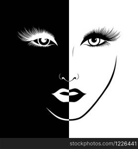 Abstract beautiful female face split in negative and positive space, black and white conceptual expression, hand drawing illustration