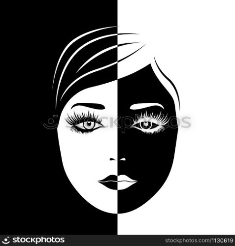 Abstract beautiful woman&rsquo;s face split in negative and positive space, black and white conceptual expression, hand drawing illustration