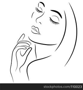 Abstract beautiful woman with closed eyes and with hand near the chin, hand drown vector outline