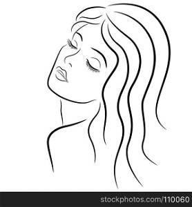 Abstract beautiful woman with closed eyes and with long hair, hand drown vector outline
