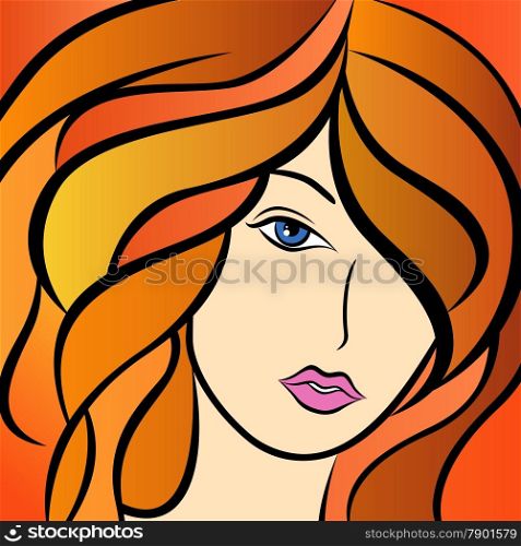 Abstract beautiful women portrait with fiery hair, colorful hand drawing vector artwork